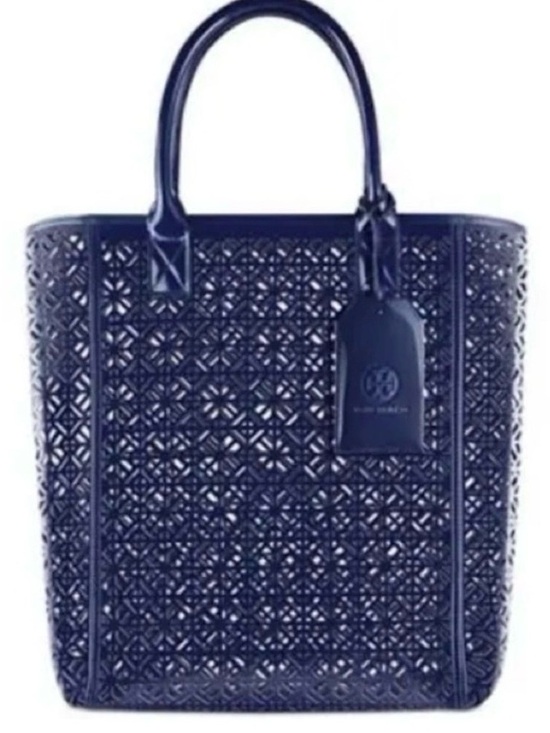 Tory Burch Handbags - Tory Burch Navy Blue Laser-Cut Tote Bag with Tag ID Tag